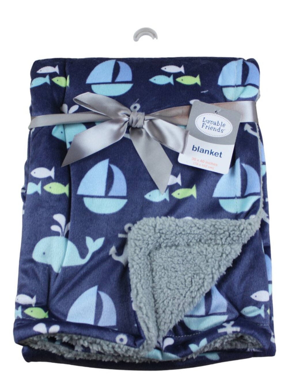 Luvable Friends Blue Sailboat Whale Fish Baby Boy Blanket Minky Sherpa Gray NWT